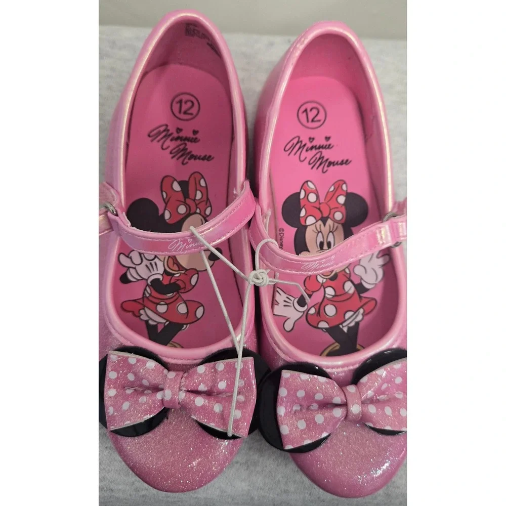 Disney Minnie Mouse Girls Pink Glitter Mary Jane Flats Bow Dress Shoes Size 12